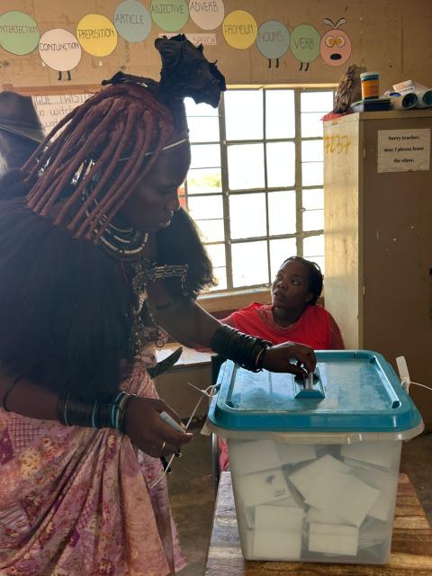 OPUWO, 26 November 2025 - A member of the OvaHimba community casting her vote in the Regional Councils and Local Authorities Elections. (Photo by: Kaviveterue Virere) NAMPA 