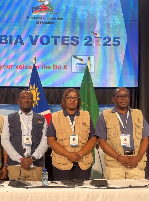 WINDHOEK,27 November 2025 - ECN Commissioners. (Middle) Chairperson Elsie Nghikembu, (Left) Pius Iikwamb, and (Right) Peter Shaama Chief Electoral and Referenda Office.  (Photo by: Justina Shuumbwa) NAMPA