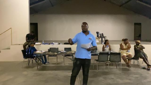 OUTJO, 27 November 2025 - Returning Officer for the Outjo Constituency, Elrico Uirab presenting the final results at the collation centre at the Etoshapoort Community Hall in Outjo. (Photo by: Dalene Kooper) NAMPA 