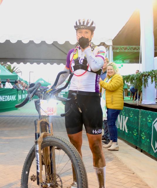 SWAKOPMUND, 07 December 2025 - Namibia’s cyclist Nina Holtrup  pictured at the finish line after winning the 2025 Nedbank Desert Dash. The 21st edition of the iconic endurance event saw riders take off from the Grove Mall in Windhoek and concluded at Platz Am Meer in Swakopmund, riding accross the ancient Namib Desert. (Photo by: Hesron Kapanga) NAMPA
