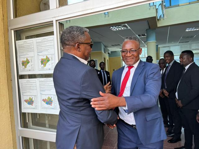 OMUTHIYA, 07 December 2025- Governor of Oshikoto region Sacky Kathindi congratulating Sacky Nangula (R) of Omuntele Constituency for being elected as the new chairperson of Oshikoto regional council management committee.

(Photo: Max Henrich) NAMPA