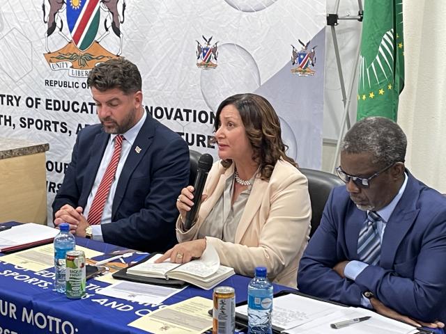 WINDHOEK, 08 December 2025 - Minister of Education, Innovation, Youth, Sports, Arts and Culture, Sanet Steenkamp (C) pictured during the press conference of the announcement of subsidized tertiary education funding model. (Photo: Mathilde Kudumo) NAMPA 