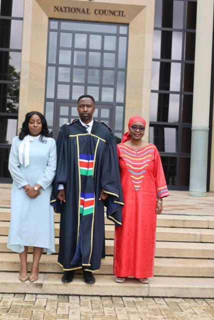 WINDHOEK, 12 December 2025 - National Council Chairperson Lukas Sinimbo Muha (C) pictured with his deputy, Emma Tangi Muteka (L) and National Assembly Speaker Saara Kuugongelwa-Amadhila. (Photo: Contributed)