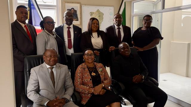 SWAKOPMUND, 17 December 2025 - Erongo Governor Natalia |Goagoses and Erongo Regional Council Chairperson Sem Ntelamo photographed with the 7 constituency councillors Lazarus Kanelombe, Albertina Nkoshi for Walvis Bay Urban, Ruben Shikongo for Walvis Bay Rural, Victor Maswahu for Swakopmund, Abiud Kapere for Arandis, Hendrina Gebhardt for Omaruru and Inecia Brandt for Daures. (Photo by: Isabel Bento) NAMPA