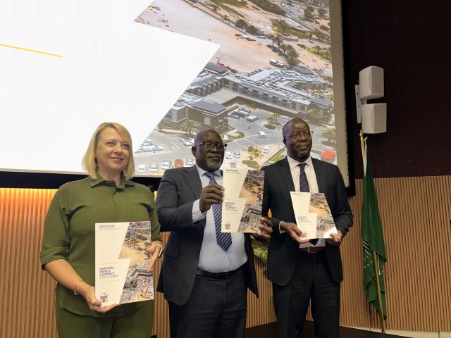 WINDHOEK, 18 December 2025 - Manager for Energy and Extractives for Eastern and Southern Africa at the World Bank, Yadviga Viktorivna Semikolenova. 
Minister of Industries, Mines and Energy Modestus Amutse.  African Development Bank Regional Sector Manager Farai Kanonda at the launch of  the National Energy Compact on Thursday. 

(Photo by: Chelva Wells) NAMPA 