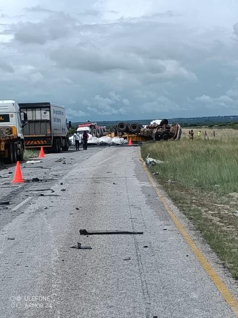 GROOTFONTEIN, 19 December 2025 - The accident scene where a two trucks and a passenger bus were involved in a collision Friday afternoon outside Grootfontein in the Otjozondjupa Region. (Photo contributed) NAMPA 