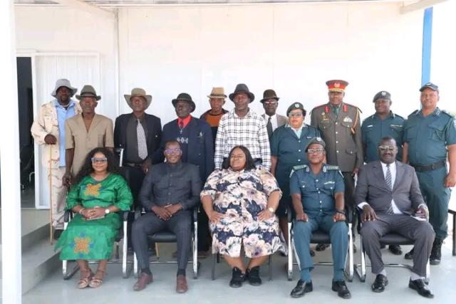 KAOKO-OTAVI, 30 DECEMBER 2025- Jennely Matundu Deputy minister of International Relations and Trades, Vipuakuje Muharukua Governor of Kunene Region,   Minister of Home Affairs, Immigration, Safety and Security Lucia Ipumbu, Namibia Correctional Service Commissioner General Raphael Tuhafeni Hamunyela, Inspector General of the Namibian Police Force Joseph Shikongo, Chief Medical Officer Kunene region Dr Mugisha Barongo,  Opuwo Rural Constituency councillor Western Muharukua, others members of Namibia Correctional Service and traditional leaders at Kaoko-Otavi Correctional Facility on Tuesday. (Photo: Kaviveterue Virere) NAMPA 
