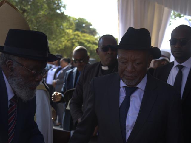 EENHANA, 24 January 2026 – Former Presidents Hifikepunye Pohamba (left) and Nangolo Mbumba at the funeral of the late Mathias Kanana Hishoono at the Eenhana Memorial Shrine. (Photo by: Ester Hakaala) NAMPA