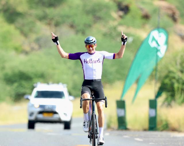 WINDHOEK, 25 January 2026 – Namibia’s endurance rider Drikus Coetzee, celebrating his win during round three of Nedbank Namibia Windhoek Power Pedal (WPP) 3 Döbra Loops. (Photo by: Hesron Kapanga) NAMPA