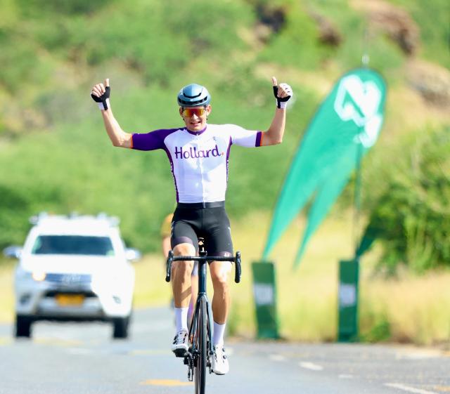 WINDHOEK, 25 January 2026 – Namibia’s endurance rider Drikus Coetzee, celebrating his win during round three of Nedbank Namibia Windhoek Power Pedal (WPP) 3 Döbra Loops. (Photo by: Hesron Kapanga) NAMPA