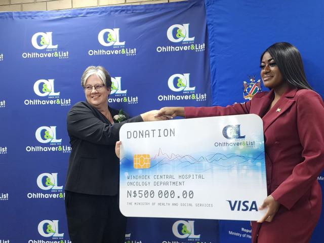 WINDHOEK, 03 FEBRUARY 2026 - Minister of Health and Social Services Esperance Luvindao accepts a donation from the Ohlthaver & List (O&L) Group on behalf of the ministry. Pictured are Luvindao (R) and O&L chief financial officer Theresa Weitz (L). (Photo by: Molly Weyulu) NAMPA