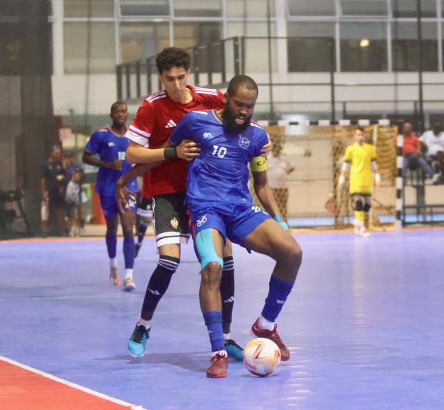 SWAKOPMUND, 04 February 2026 - ‘Brave Fives’ player Ken Salote (in blue) in action against Libya during the 2026 Morocco CAF Futsal AFCON qualifiers at The Dome in Swakopmund. Namibia lost the match 3-11 in the first leg of their round two CAF qualifiers. (Photo by: Hesron Kapanga) NAMPA 
