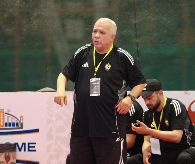 SWAKOPMUND, 04 February 2026 - The head coach of Libya's senior national futsal team, Abdulbasit Alnaas, relays instructions to his players during their match against Namibia in the 2026 Morocco CAF Futsal AFCON qualifiers at The Dome in Swakopmund. Namibia lost the match 3-11. (Photo by: Hesron Kapanga) NAMPA 