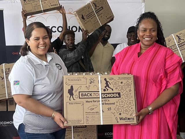 WINDHOEK, 06 February 2026 - PPS Head of Operations, Communications and Marketing Carline Butler and Mavis Elias, Director of Resource Mobilisation at the One Economy Foundation at the handover donation of back-to-school stationery boxes from PPS.  (Photo by: Justina Shuumbwa) NAMPA