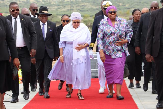 WINDHOEK, 07 February 2026 - President Netumbo Nandi-Ndaitwah and Vice-president Lucia Witbooi arrive at the Remembrance Ceremony in honour of the late presidens.(Photo: Ali Negumbo)NAMPA