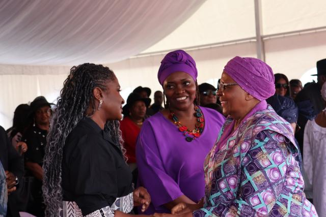 WINDHOEK, 07 February 2026 - President Netumbo Nandi-Ndaitwah pictured with the former first lady Monica Geingos, alongside her daughter-in-law, Nangula Geingos, during the Remembrance Ceremony honoring the late former Presidents of Namibia, Dr. Sam Nujoma and Dr. Hage Geingob, at Heroes Acre on Saturday. (Photo by: Uakutura Kambaekua) NAMPA.