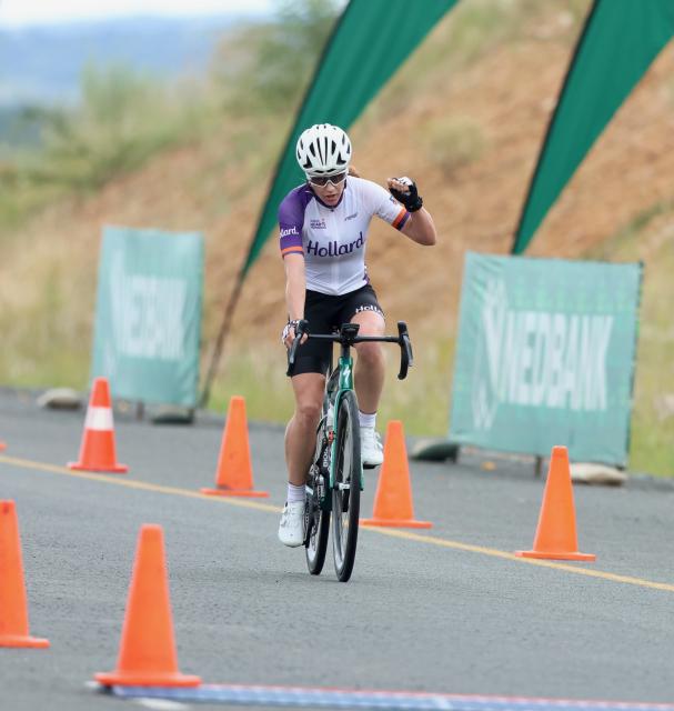 WINDHOEK, 08 February 2026 - Anri Greeff Namibia's 2026 Nedbank Namibia National Road Race champions while crossing the line after a dominant display  in the 117 kilometres women race that saw them ride through the new A1 and Dordabis road. (Photo by: Hesron Kapanga) NAMPA
