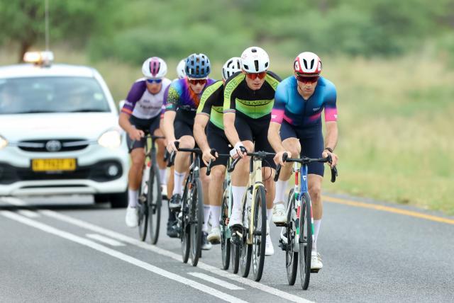 WINDHOEK, 08 February 2026 - Elite men riders from right to left, Alex Miller, Theuns van der Westhuizen, Tristan de Lange, and Martin Freyer during the 2026 Nedbank Namibia National Road Race champions that saw them ride the 167 kilometres route through the new A1 and Dordabis road. Under-23 rider Roger Suren was crowned national champion after winning the sprint against Alex Miller. (Photo by: Hesron Kapanga) NAMPA
