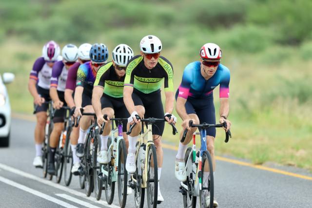 WINDHOEK, 08 February 2026 - Elite men riders from right to left, Alex Miller, Theuns van der Westhuizen, Tristan de Lange, Martin Freyer, and Roger Suren during the 2026 Nedbank Namibia National Road Race champions that saw them ride the 167 kilometres route through the new A1 and Dordabis road. Under-23 rider Roger Suren was crowned national champion after winning the sprint against Alex Miller. (Photo by: Hesron Kapanga) NAMPA
