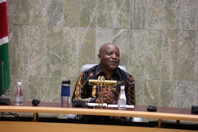 WINDHOEK, 09 FEBRUARY 2026 - Prime Minister Elijah Ngurare addressed his staff members on service delivery, introspection, and accountability on Monday in Windhoek. (Photo by: Uakutura Kambaekua) NAMPA.