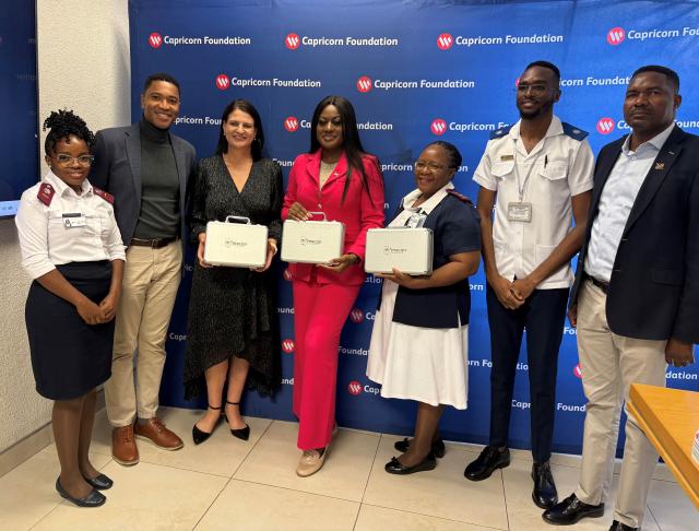 WINDHOEK, 12 February 2026 - Ministry of Health and Social Services Minister Esperance Luvindao (C) captured during the handover of ultasound probes by the Capricorn Foundation. (Photo: Contributed) NAMPA 