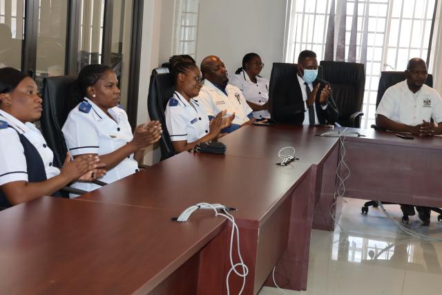 OTJIWARONGO, 16 February 2026 - A section of health workers of the Otjiwarongo State Hospital thanking government for acquiring them new uniforms at cost near N.dollars 56 million for 15 000 nurses and medical doctors across the country. Minister of Health and Social Services, Dr Esperance Luvindao officially handed over the uniforms Monday afternoon at a symbolic ceremony held at Otjiwarongo. (Photo by: Mulisa Simiyasa) NAMPA
