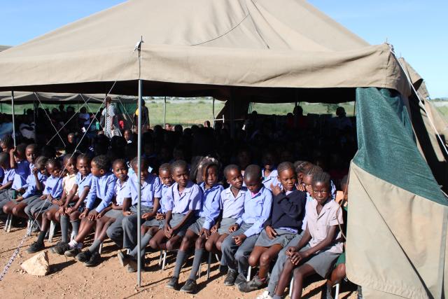 OUTJO, 17 February 2026- Learners from Outjo Project Primary School at the handing over ceremony of donated items from Karaku Marine. (Photo: Dalene Kooper) NAMPA