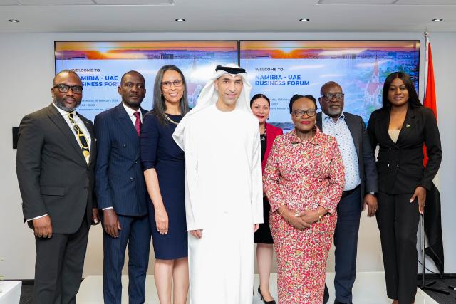 WINDHOEK, 18 February 2026 - Minister of International Relations and Trade, Selma Ashipala-Musavyi, and UAE Minister of Foreign Trade, Thani bin Ahmed Al Zeyoudi, pictured with delegates in Windhoek on Wednesday. 
The leaders convened to discuss the establishment of a Joint Economic Commission to formalise trade and investment linkages, focusing on a transition from resource exports to industrial value addition across the infrastructure, energy, and manufacturing sectors.

(Photo contributed) NAMPA
