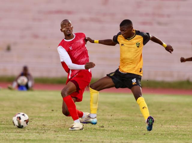 WINDHOEK, 20 February 2026 - African Stars defender Gianluca Vazemba Kahingunga (left) while in action against Mutani Kariseb of Mighty Gunners during round 19 of the Namibia Premier Football League (NPFL) at the Independence Stadium. African Stars secured a 1-0 victory over Mighty Gunners in a high-stakes clash between defending champions African Stars and Mighty Gunners, who entered the encounter separated by a single point in second and third place, respectively. (Photo by: Hesron Kapanga) NAMPA
