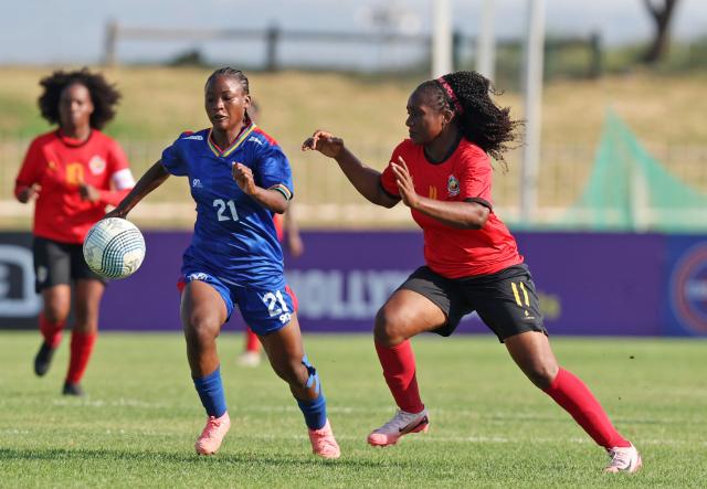 WINDHOEK, 20 February 2026 - Asteria Onemushi Angula of Namibia challenged by Ermelinda Arcenio Da Conceicao Guinda of Mozambique during the 2025 Hollywoodbets COSAFA Womens Championship match between Mozambique and Namibia at the Old Peter Mokaba Stadium, Polokwane. (Photo: Contributed) NAMPA 