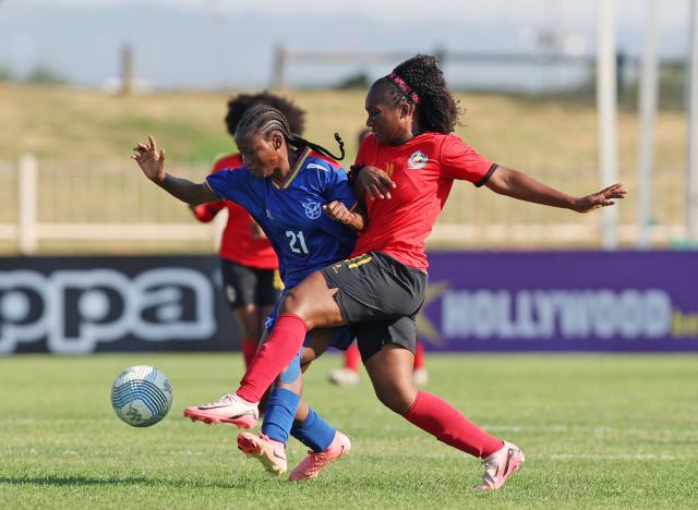 WINDHOEK, 20 February 2026 - Asteria Onemushi Angula of Namibia challenged by Ermelinda Arcenio Da Conceicao Guinda of Mozambique during the 2025 Hollywoodbets COSAFA Womens Championship match between Mozambique and Namibia at the Old Peter Mokaba Stadium, Polokwane. (Photo: Contributed) NAMPA 