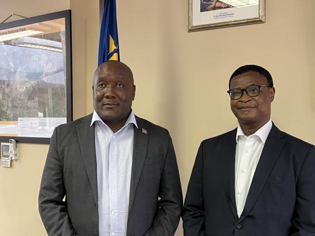WINDHOEK, 26 February 2026 - Environmental Commissioner Timoteus Mufeti (left) pictured alongside Axel Tibinyane, the director of the Atomic Energy and Radiation Protection Authority at the Ministry of Health and Social Services, during a briefing on the future of uranium mining in the Omaheke Region. (Photo by: Justina Shuumbua) NAMPA