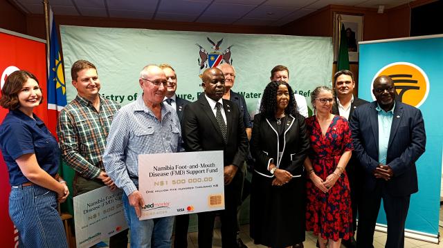 WINDHOEK, 26 February 2026 - Minister of Agriculture, Water and land Reform Inge Zaamwani captured with donors for the newly created Foot and Mouth Disease support fund in Windhoek. (Photo by: Ali Negumbo)NAMPA