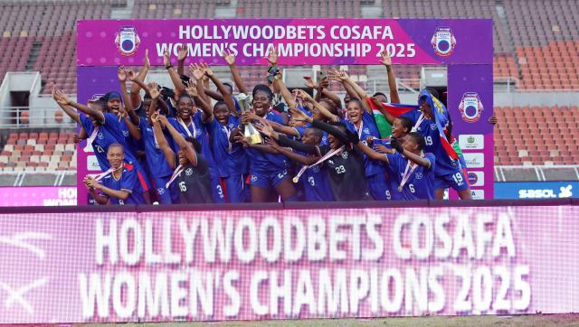 WINHOWK, 01 March 2026 - Namibia women's senior national football team 'Brave Gladiators' celebrates lifting the trophy during the 2025 Hollywoodbets COSAFA Womens Championship Final match against South Africa at the Peter Mokaba Stadium, Polokwane on the 01 March 2026. Namibia won the match 2-1 in extra time. (Photo: Contributed) NAMPA 