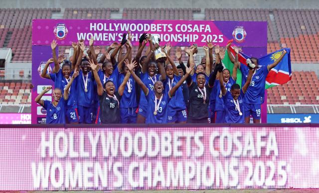 WINHOWK, 01 March 2026 - Namibia women's senior national football team 'Brave Gladiators' celebrates lifting the trophy during the 2025 Hollywoodbets COSAFA Womens Championship Final match against South Africa at the Peter Mokaba Stadium, Polokwane on the 01 March 2026. Namibia won the match 2-1 in extra time. (Photo: Contributed) NAMPA 