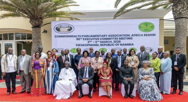 SWAKOPMUND, 05 March 2026 - Vice President Lucia Witbooi, Chairperson of the Namibian National Council Lukas Muha, Chairperson of the CPA Africa Region Executive Committee, Fabakary Tombong Jatta and Erongo Governor Natalia |Goagoses photographed with delegates at the opening the 90th Executive Committee meeting of the Commonwealth Parliamentary Association (CPA) Africa Region taking place at Swakopmund. (Photo by: Isabel Bento) NAMPA