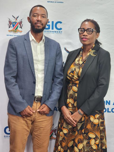 WINDHOEK, 05 MARCH 2026 - Deputy Director in the Ministry of Environment, Forestry and Tourism, Kenneth Heinrich Uiseb and Acting Deputy Executive Director at the Ministry of Agriculture, Fisheries, Water and Land Reform, Maria Amakali pose for a photo during a government information sharing session. (Photo by: Molly Weyulu) NAMPA 