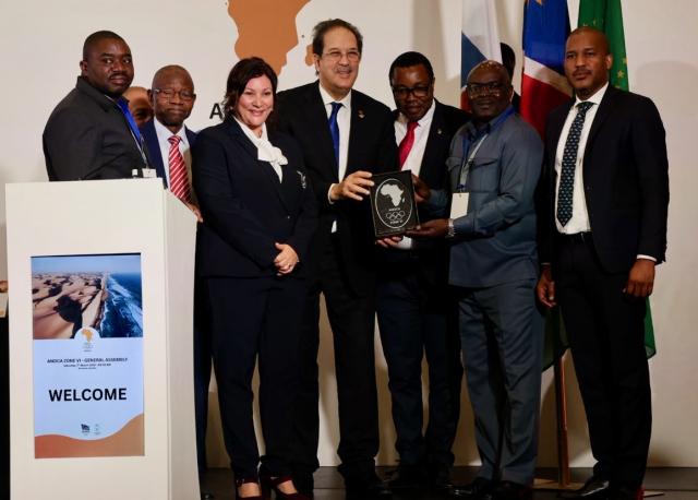 WINDHOEK, 07 March 2026 - Members of the ANOCA executive and Minister of Education, Innovation, Youth, Sport, Arts, and Culture, Sanet Steenkamp (third from left) poses for a photo with ANOCA president Mustapha Beraff (centre left) during the ANOCA Zone VI General Assembly, which was held in Windhoek. (Photo: contributed)