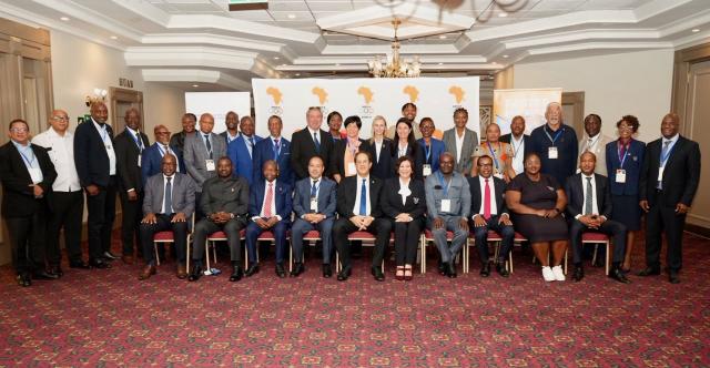 WINDHOEK, 07 March 2026 - Members of the ANOCA executive and Minister of Education, Innovation, Youth, Sport, Arts, and Culture, Sanet Steenkamp (centre right) poses for a photo with ANOCA president Mustapha Beraff (centre left) during the ANOCA Zone VI General Assembly, which was held in Windhoek. (Photo: contributed)