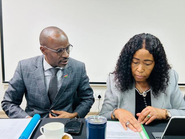 WALVIS BAY, 07 March 2026 - Ministers of Agriculture, Fisheries, Water and Land Reform and Justice and Labour Relations Inge Zaamwani and Fillemon Wise Immanuel during recent consultations on the Government Employment Redress Programme at Walvis Bay. (Photo contributed) 