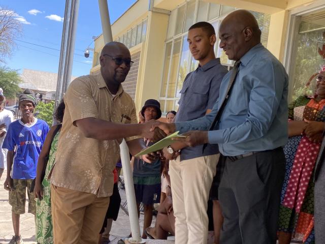 NALAWU Mariental Branch Executive Committee chairperson Linus M. Sinvula, hands over the petition to Mariental CEO Paul Nghiwilepo.