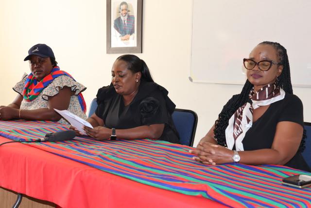 OTJIWARONGO, 12 March 2026 - The Swapo Party Women's Council (SPWC) leadership for Otjiwarongo district condemns the brutal killing of Petronella Sabatha on Thursday afternoon. From left is SPWC Otjozondjupa secretary, Theresia Kukenge, SPWC Otjiwarongo district coordinator, Vistoria Tomas, and SPWC mobilisation officer for Otjiwarongo district Hilde Jesaja. (Photo by: Mulisa Simiyasa) NAMA 