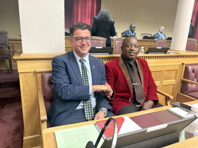 WINDHOEK - Deputy Minister of Education, Innovation, Youth, Sports, Arts and Culture, Dino Ballotti and NUDO MP Vetaruhe Kandorozu shake hands. (Photo: Contributed) 