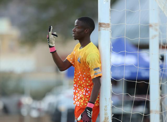 WINDHOEK, 14 March 2026 - KK Palace goalkeeper, Landro Mundingi while directing his players during a match against UNAM at the UNAM Stadium during round 25 of the Namibia Premier Football League. The match ended 2-1 in favour of UNAM. (Photo by: Hesron Kapanga) NAMPA