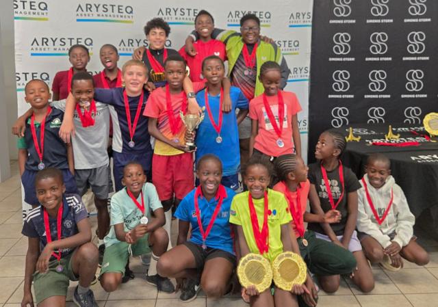 WINDHOEK, 14 March 2026 - The 2026 Arysteq Simonis Storm Schools Table Tennis Series winners is the different age categories posing for a photo during the award ceremony at the Wanderers Sports Hall in Pioneerspark a record-breaking 80 players competing in the opening tournament of the year, which attracted 53 boys and 27 girls across five age divisions, Under-11, U13, U15, U17, and U19. (Photo: contributed) NAMPA