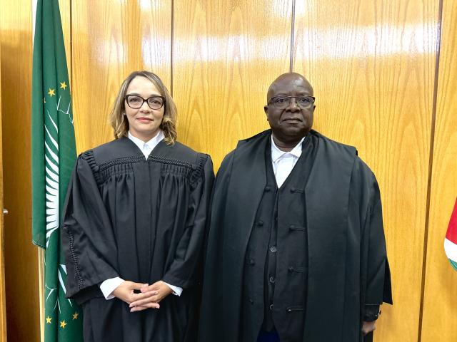 Windhoek, 16 March- Acting judge Gladice Pickering and Deputy Chief Justice Petrus Damaseb at the swearing in of Pickering.( Photo by Eba Kandovazu). NAMPA