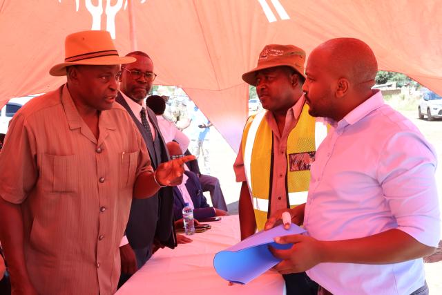 OTJIWARONGO, 16 March 2026 - The Minister of Urban and Rural Development, James Sankwasa (L) at the official launch of the newly installed water reticulation infrastructure at Otjiwarongo on Monday afternoon. (Photo by: Mulisa Simiyasa) NAMPA   