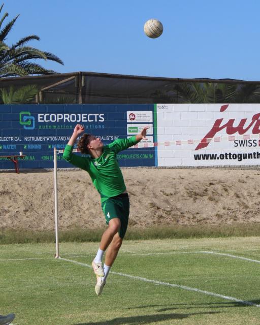 SWAKOPMUND, 14 March 2026 - A Sport Club Windhoek (SKW) Fistball Club player while in action during the opening games of the 2026 African Marketing Fistball League which kicked off on Saturday, 14 March 2026 at the grounds of the Swakopmund Fistball Club after a one-year break. (Photo: contributed) NAMPA