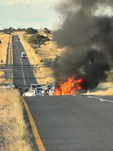 OTJIWARONGO, 19 March 2026 - The accident scene where five people died after their sedan collided head-on with another vehicle on the B1 road between Okahandja and Otjiwarongo on Thursday afternoon. (Photo contributed) NAMPA 