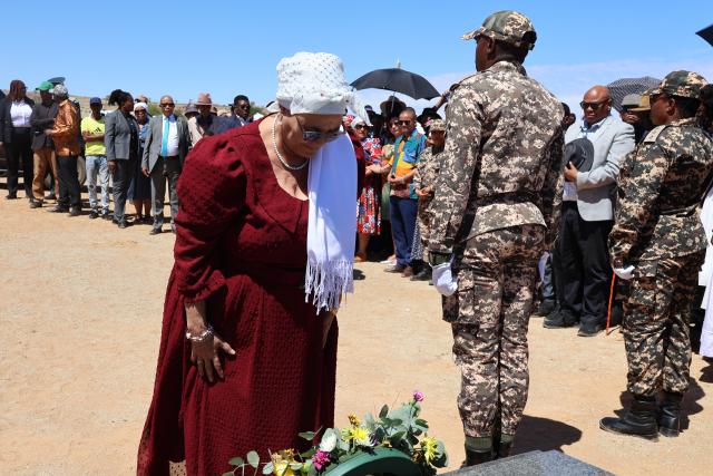 ǂGABES, 20 March 2026 - Vice President Lucia Witbooi on Friday speaking during a wreath-laying ceremony at Konjore’s graveside in ǂGabes, Witbooi said the visit to the region on the eve of the 36th Independence Anniversary was to remember those who contributed to the fruits of independence.

(Photo by: Chelva Wells) NAMPA
